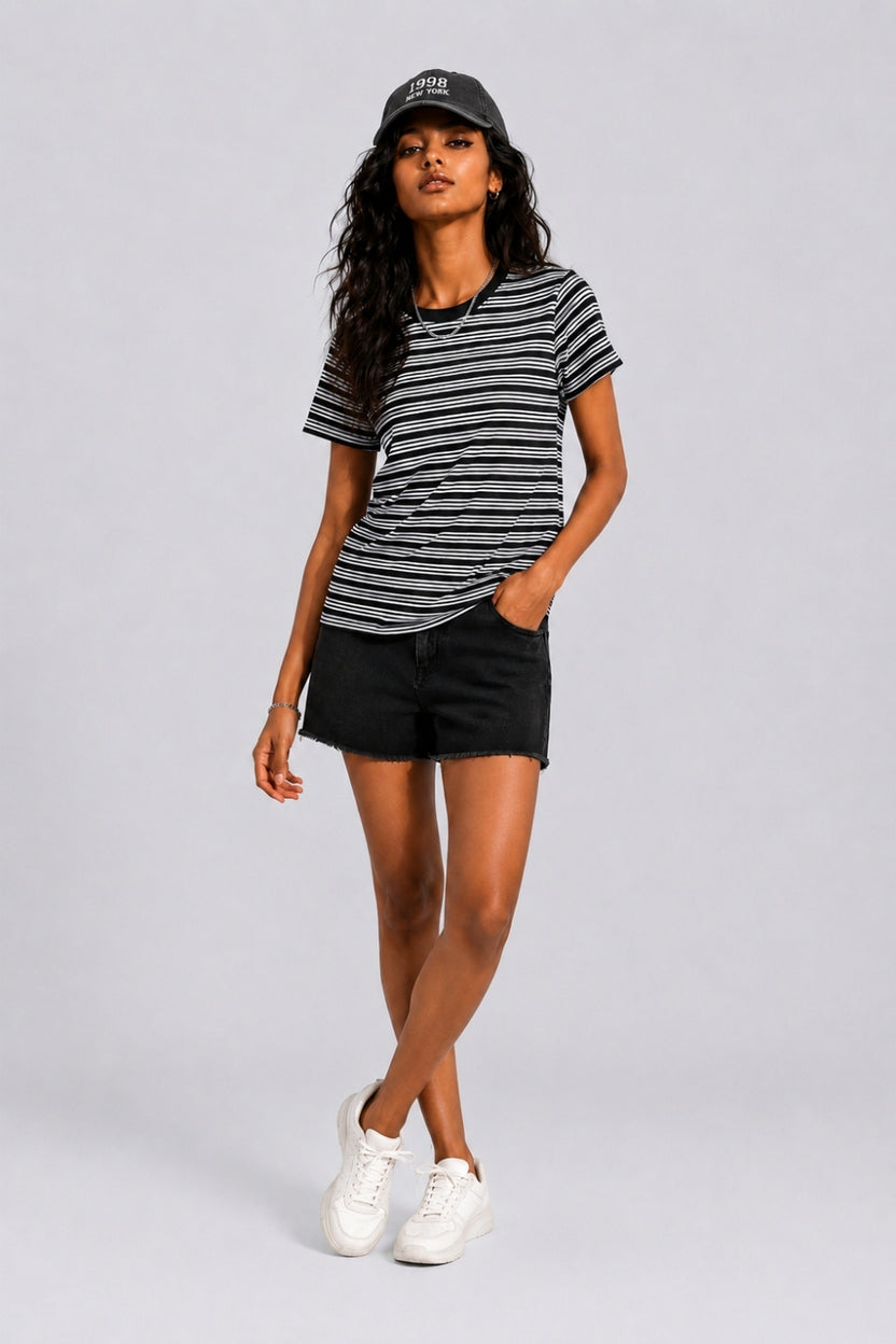 Womens Black Regular Striped T-Shirt - Image 6