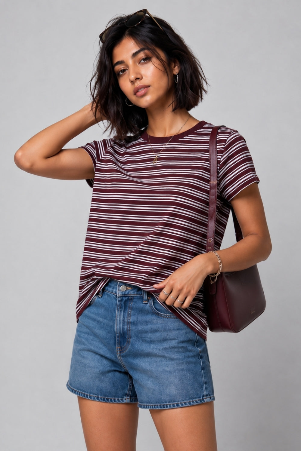 Womens Maroon Regular Striped T-Shirt - Image 1