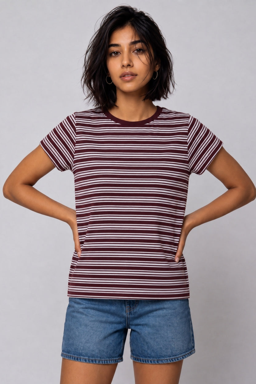 Womens Maroon Regular Striped T-Shirt - Image 2