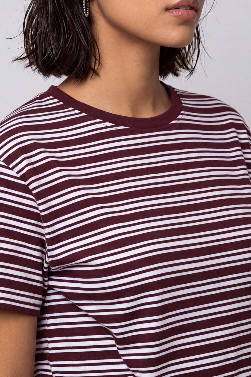 Womens Maroon Regular Striped T-Shirt - Image 3