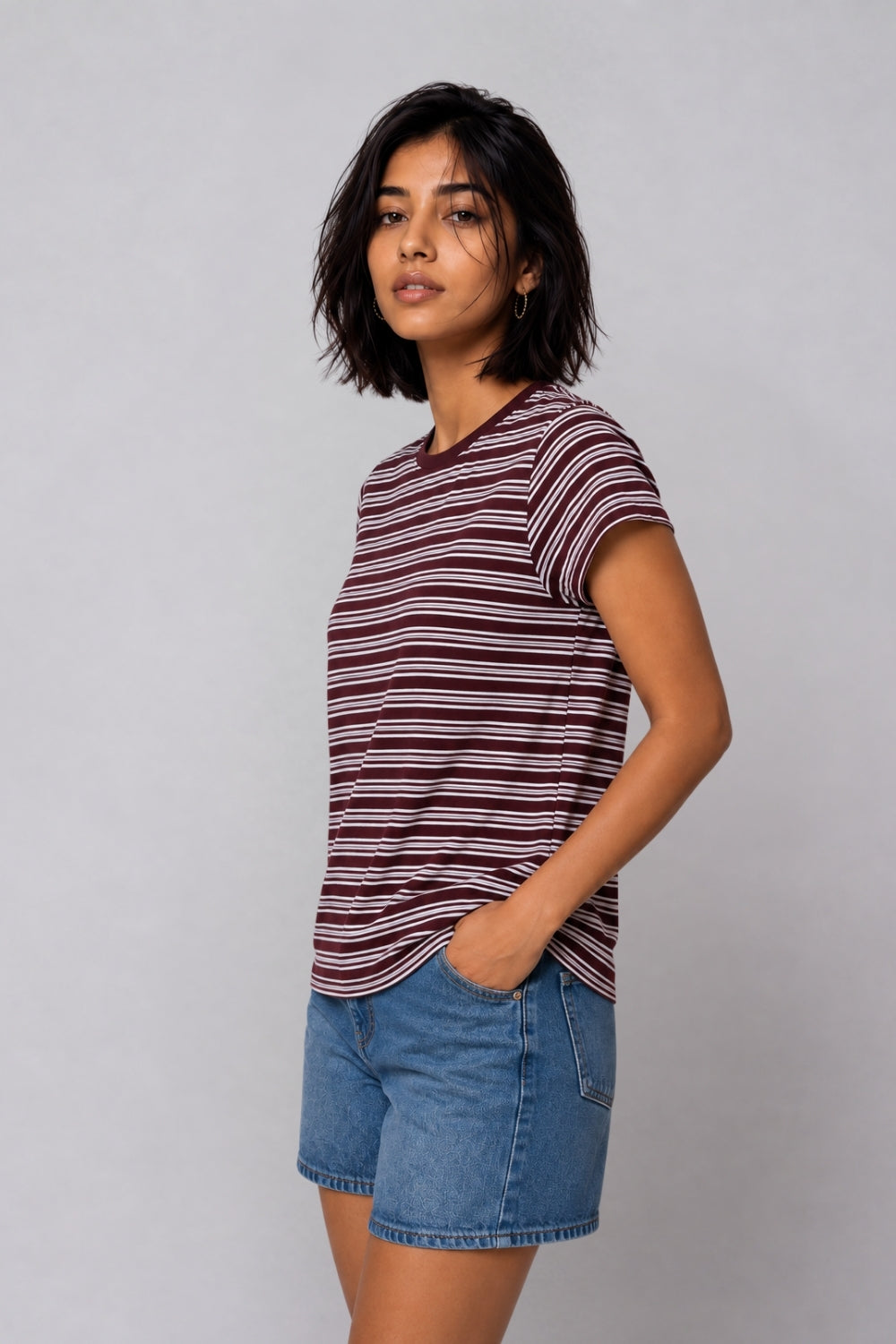 Womens Maroon Regular Striped T-Shirt - Image 4