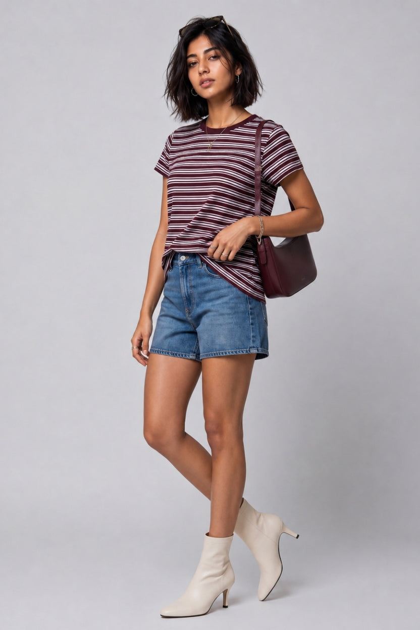 Womens Maroon Regular Striped T-Shirt - Image 6