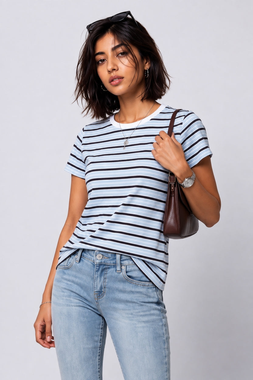 Womens Light Blue Regular Striped T-Shirt - Image 1