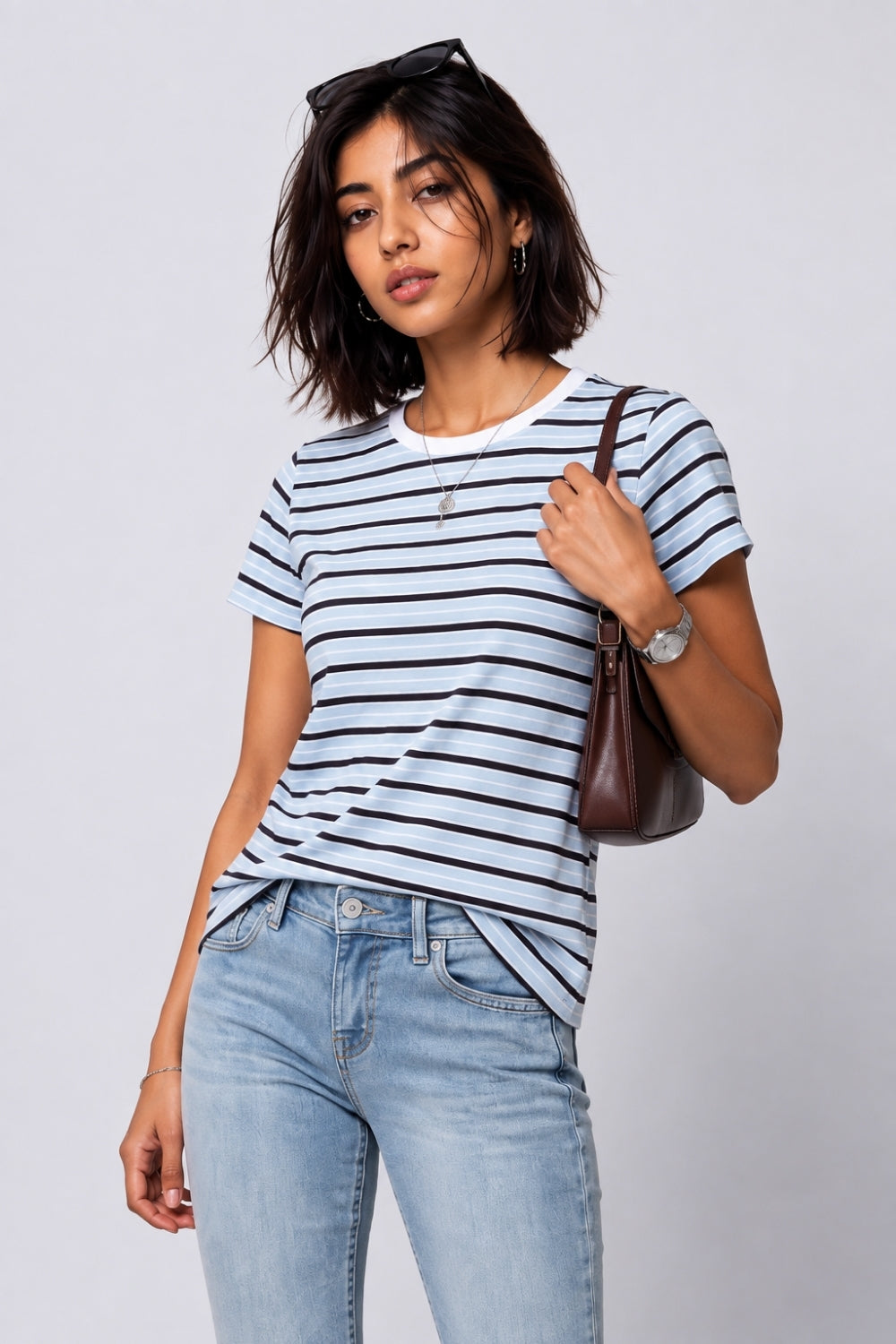 Womens Light Blue Regular Striped T-Shirt - Image 1