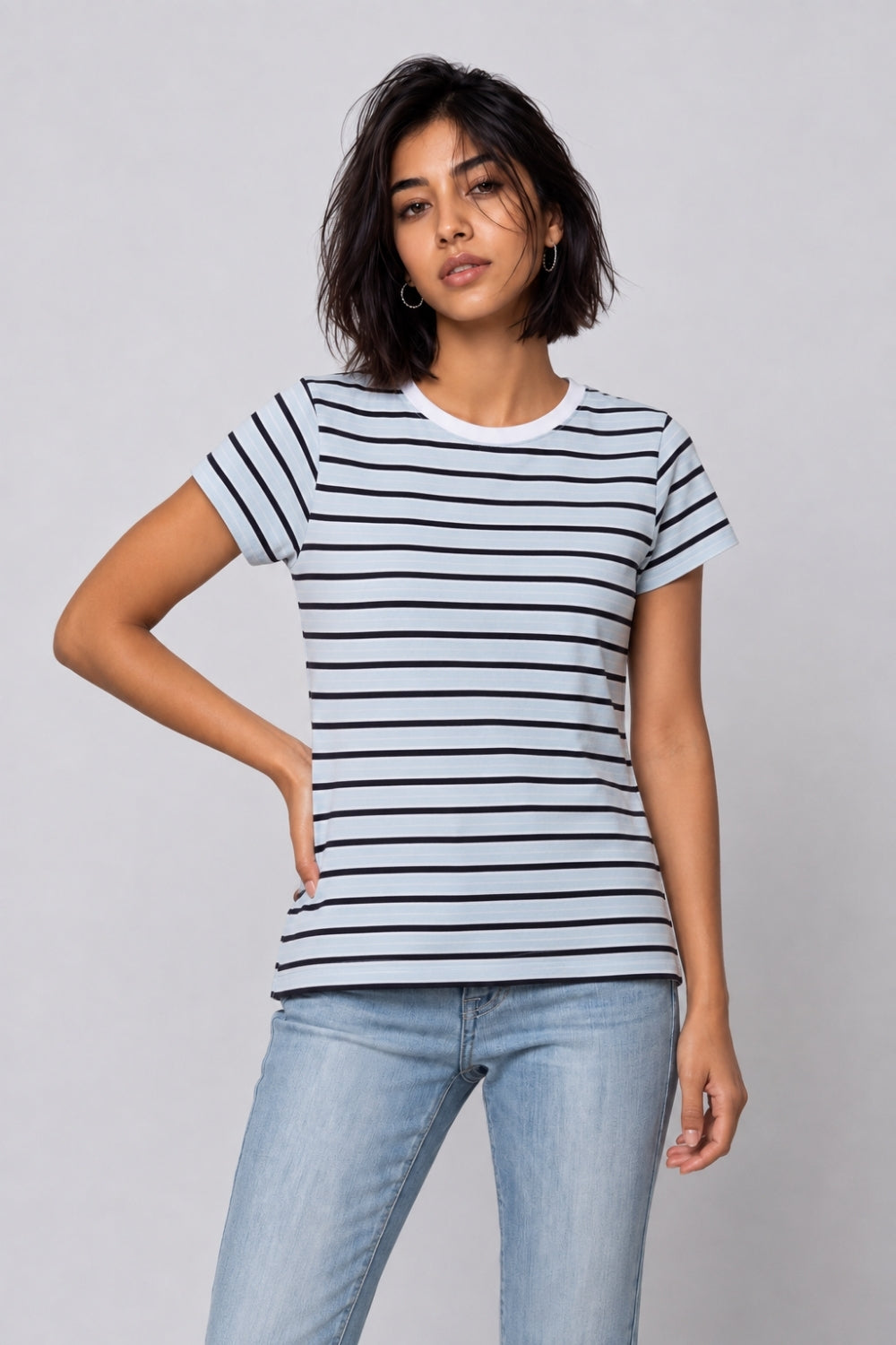 Womens Light Blue Regular Striped T-Shirt - Image 2