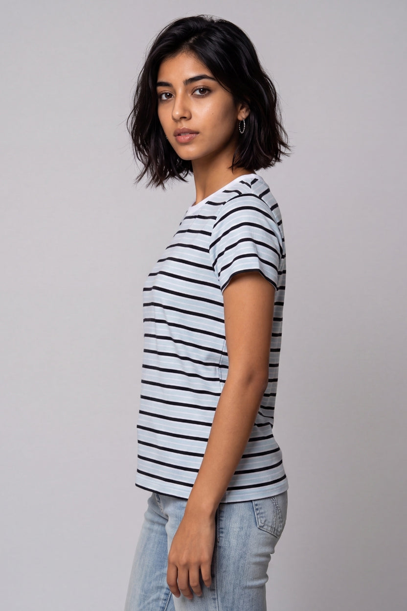 Womens Light Blue Regular Striped T-Shirt - Image 4