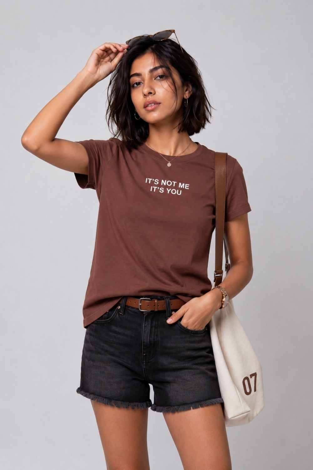Womens Brown Cotton Typographic T Shirt - Image 1