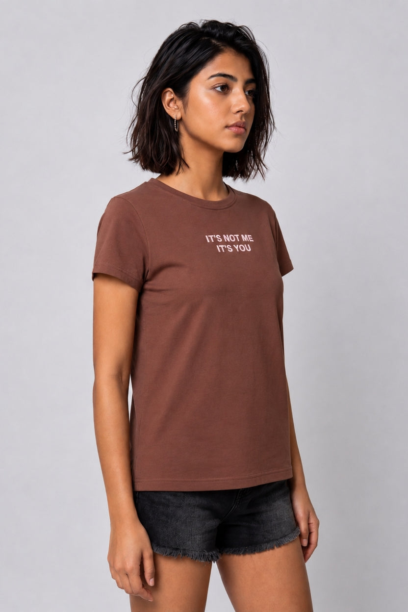 Womens Brown Cotton Typographic T Shirt - Image 4