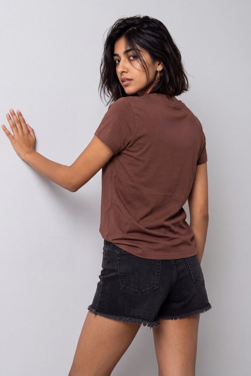 Womens Brown Cotton Typographic T Shirt - Image 5