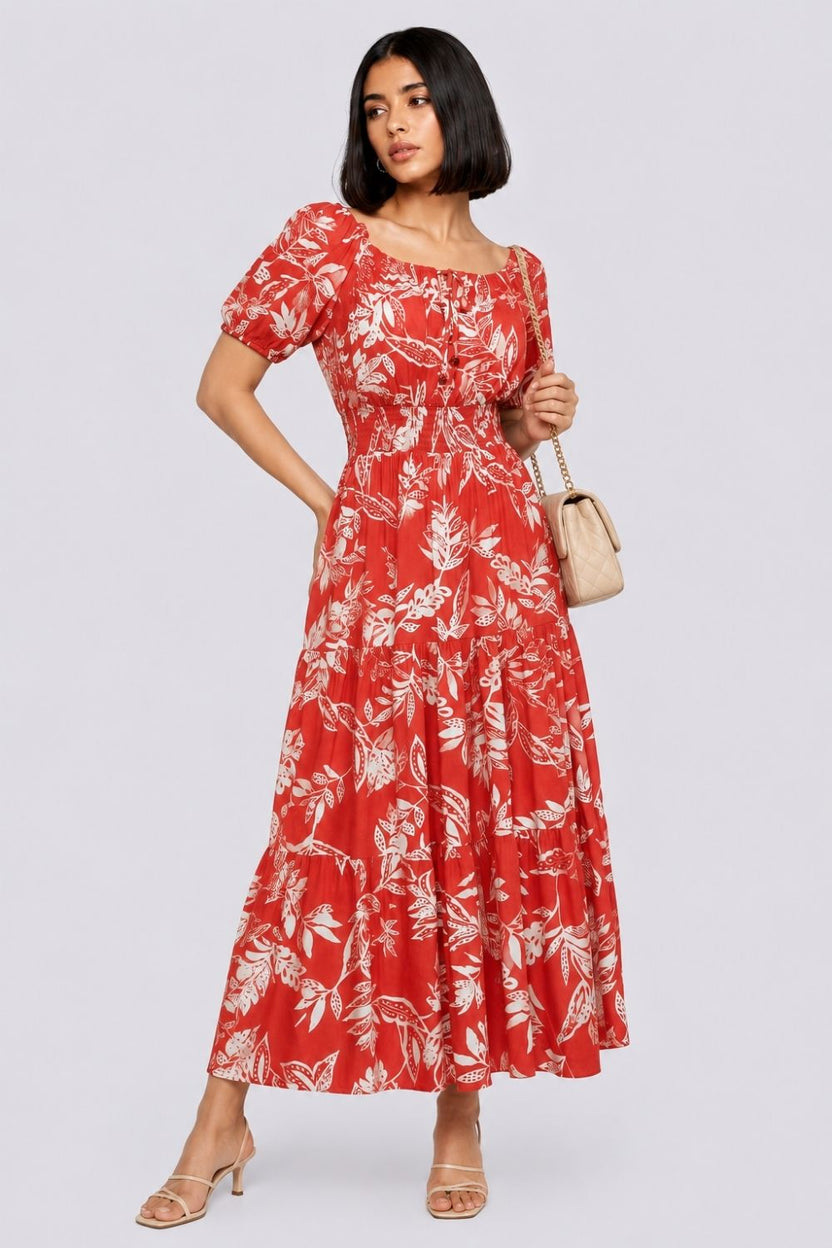 Womens Regular Fit Rust Floral Maxi Dress - Image 1