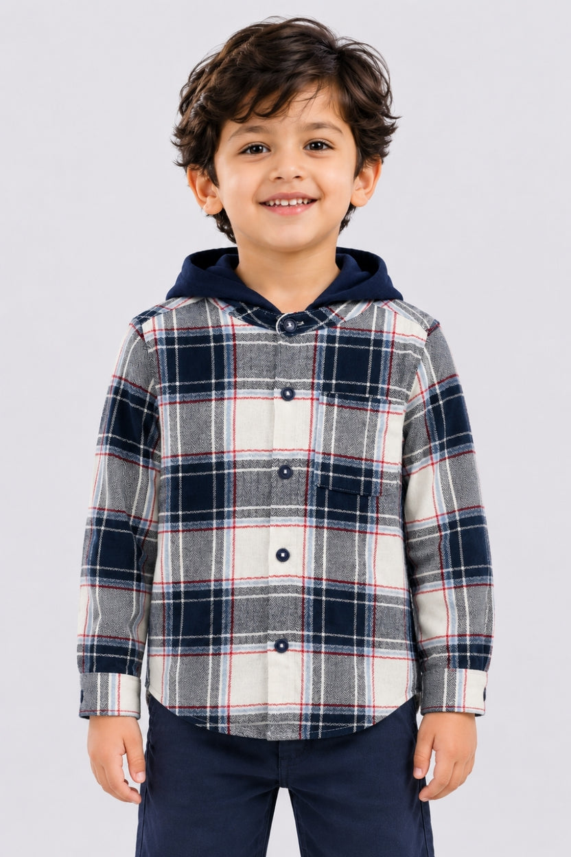 Boys Regular Fit Navy Checked Hooded Shirt - Image 1