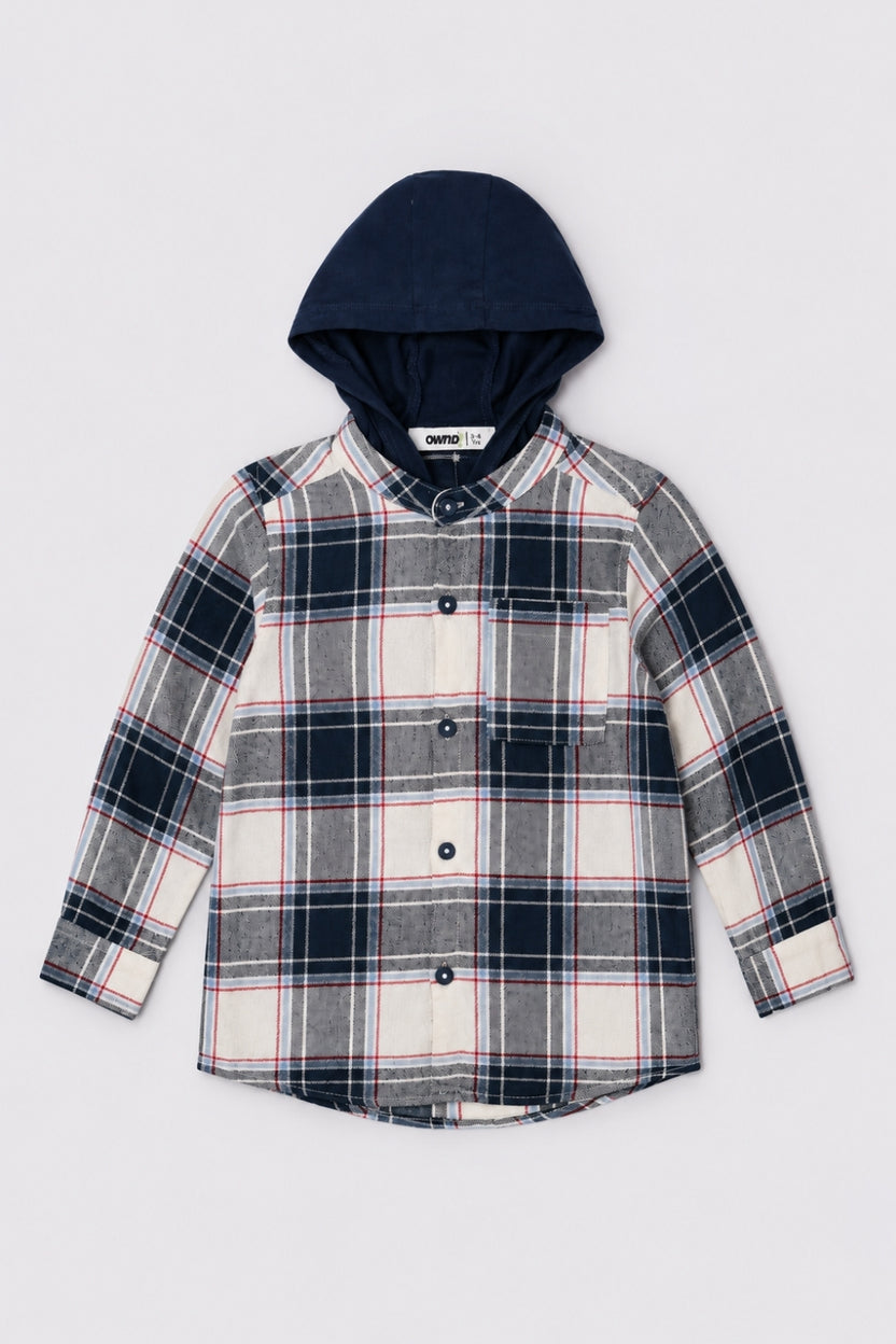 Boys Regular Fit Navy Checked Hooded Shirt - Image 2