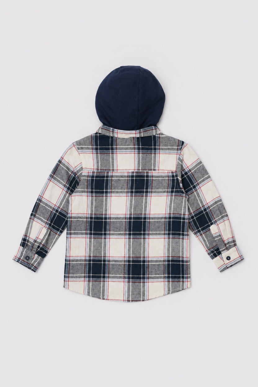Boys Regular Fit Navy Checked Hooded Shirt - Image 3