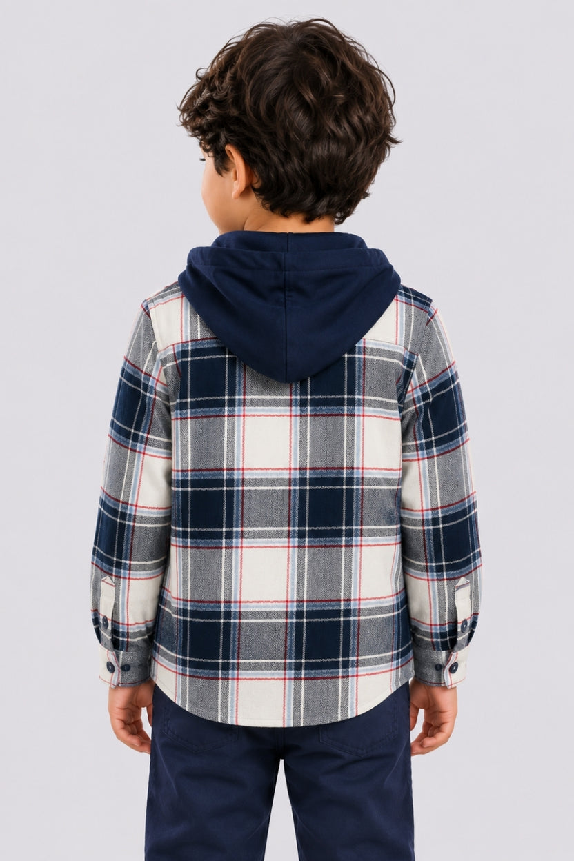 Boys Regular Fit Navy Checked Hooded Shirt - Image 4