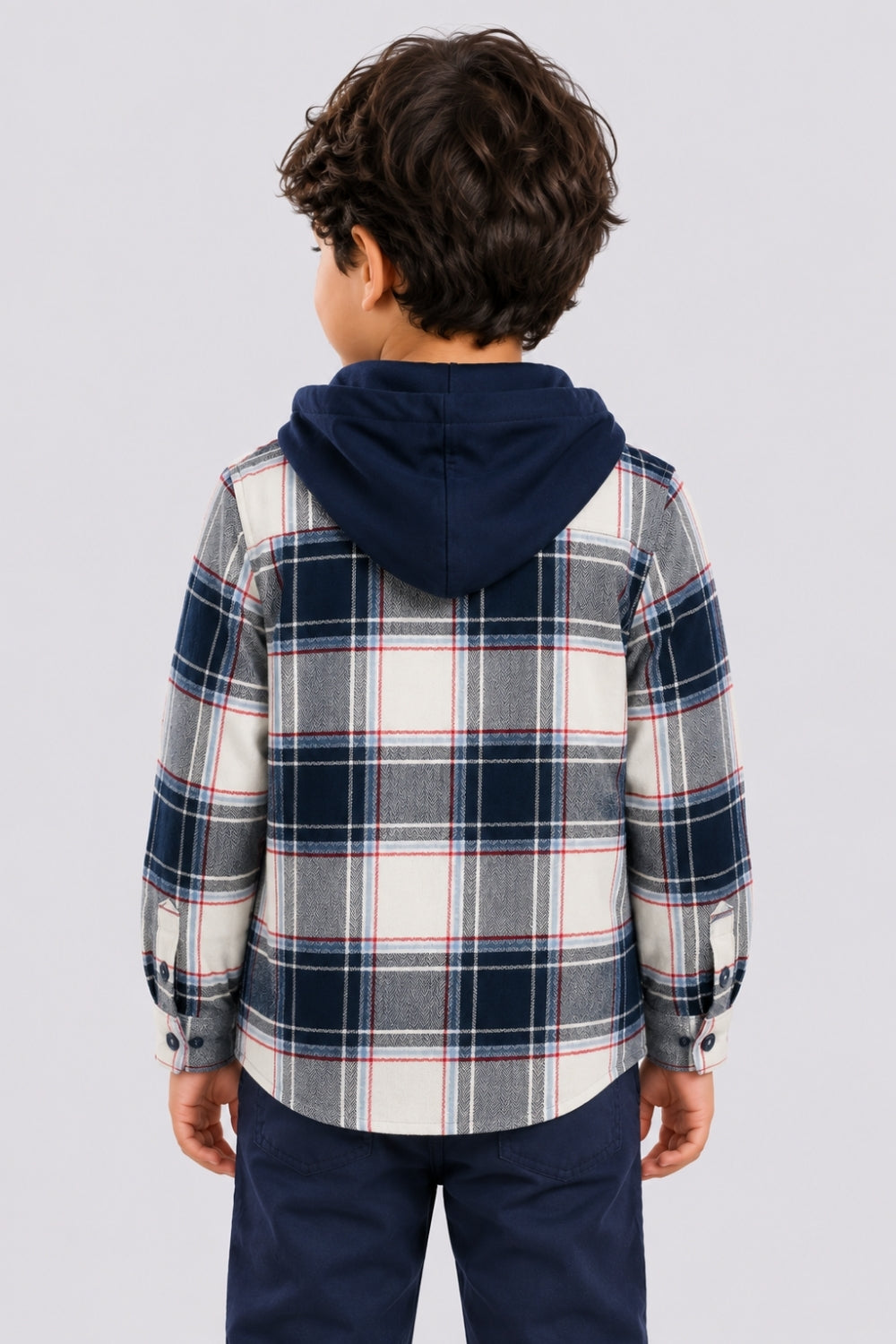 Boys Regular Fit Navy Checked Hooded Shirt - Image 4