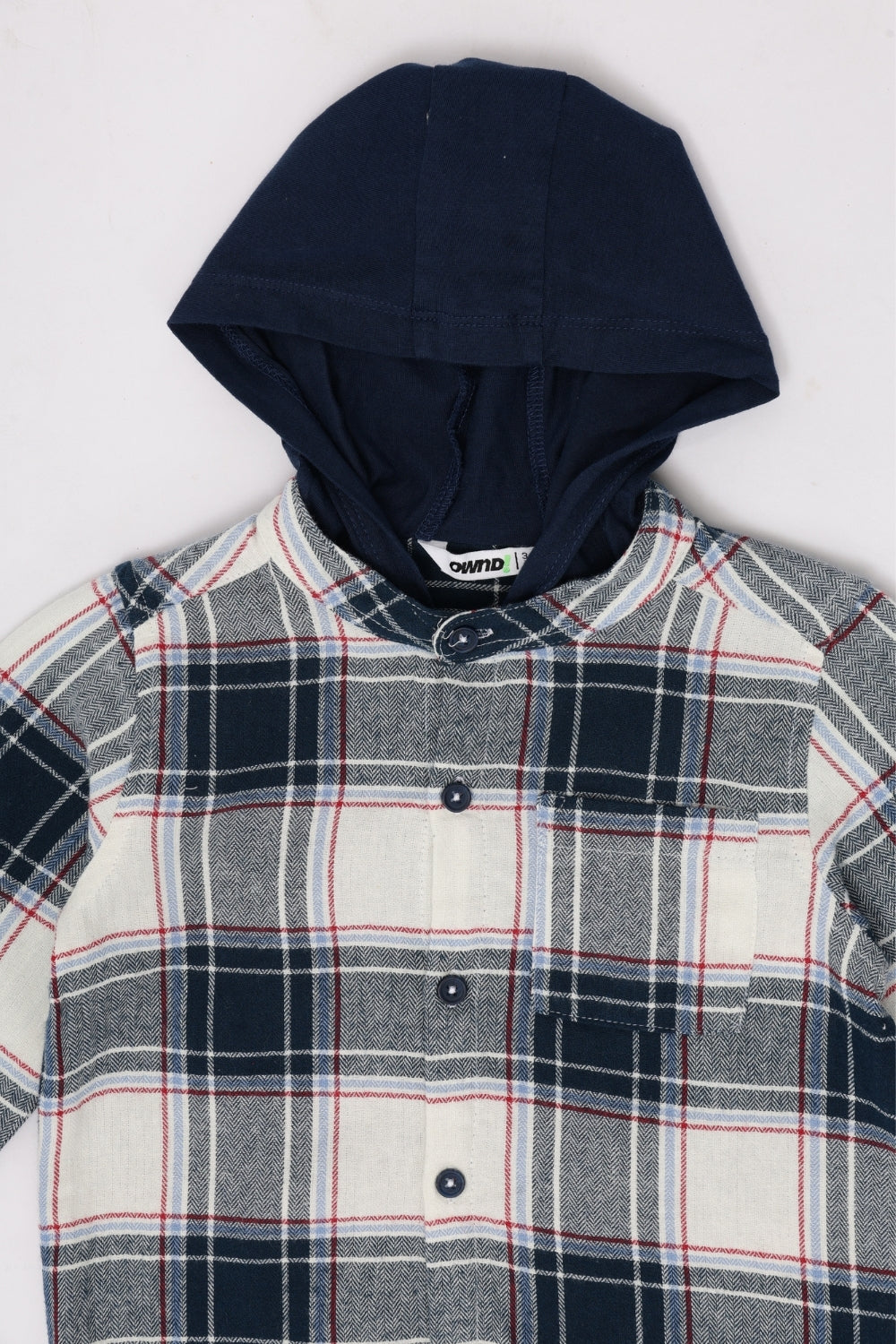 Boys Regular Fit Navy Checked Hooded Shirt - Image 5
