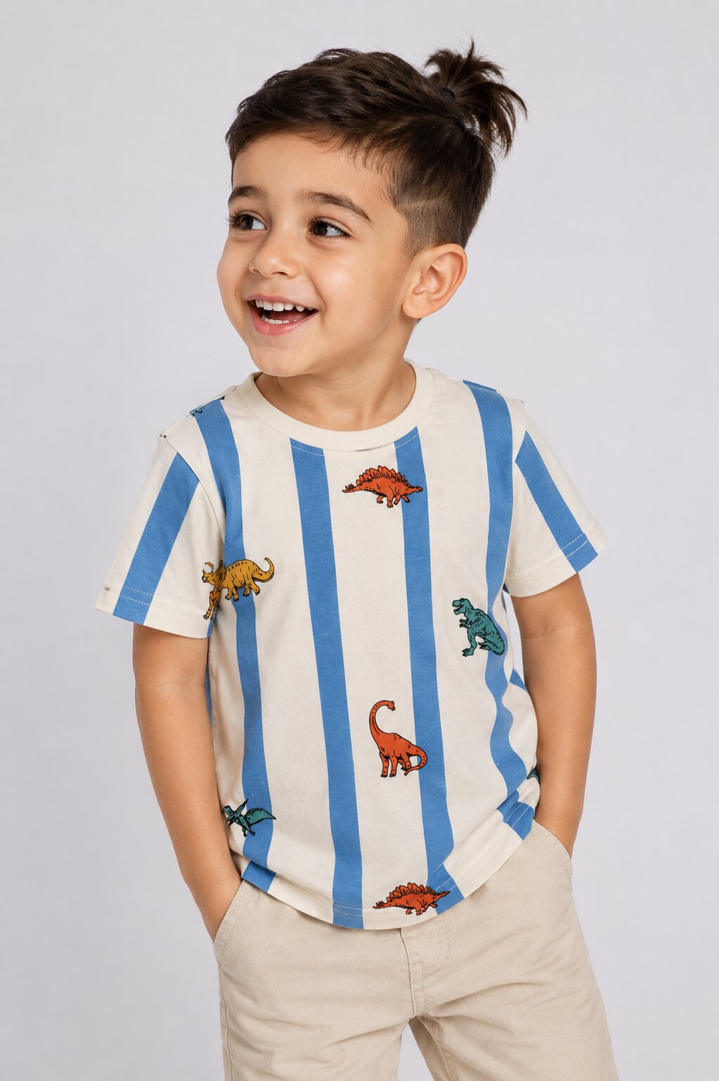 Boys Blue and white Dinosaur Striped Print T-Shirt - Image 1