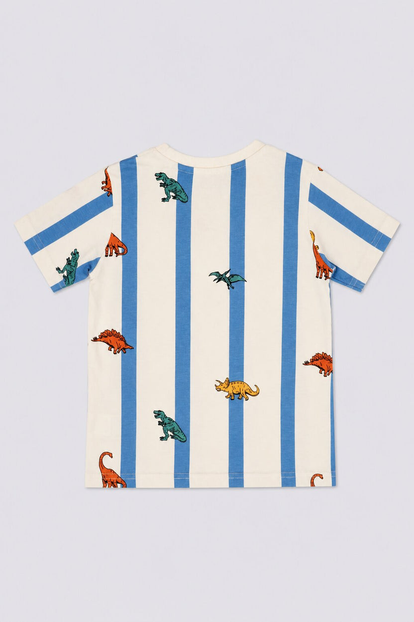 Boys Blue and white Dinosaur Striped Print T-Shirt - Image 3