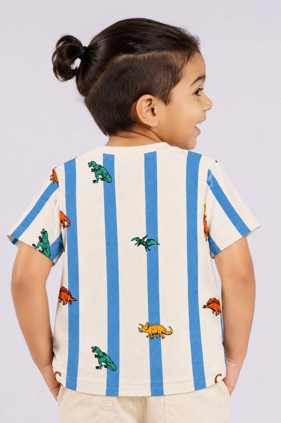 Boys Blue and white Dinosaur Striped Print T-Shirt - Image 4