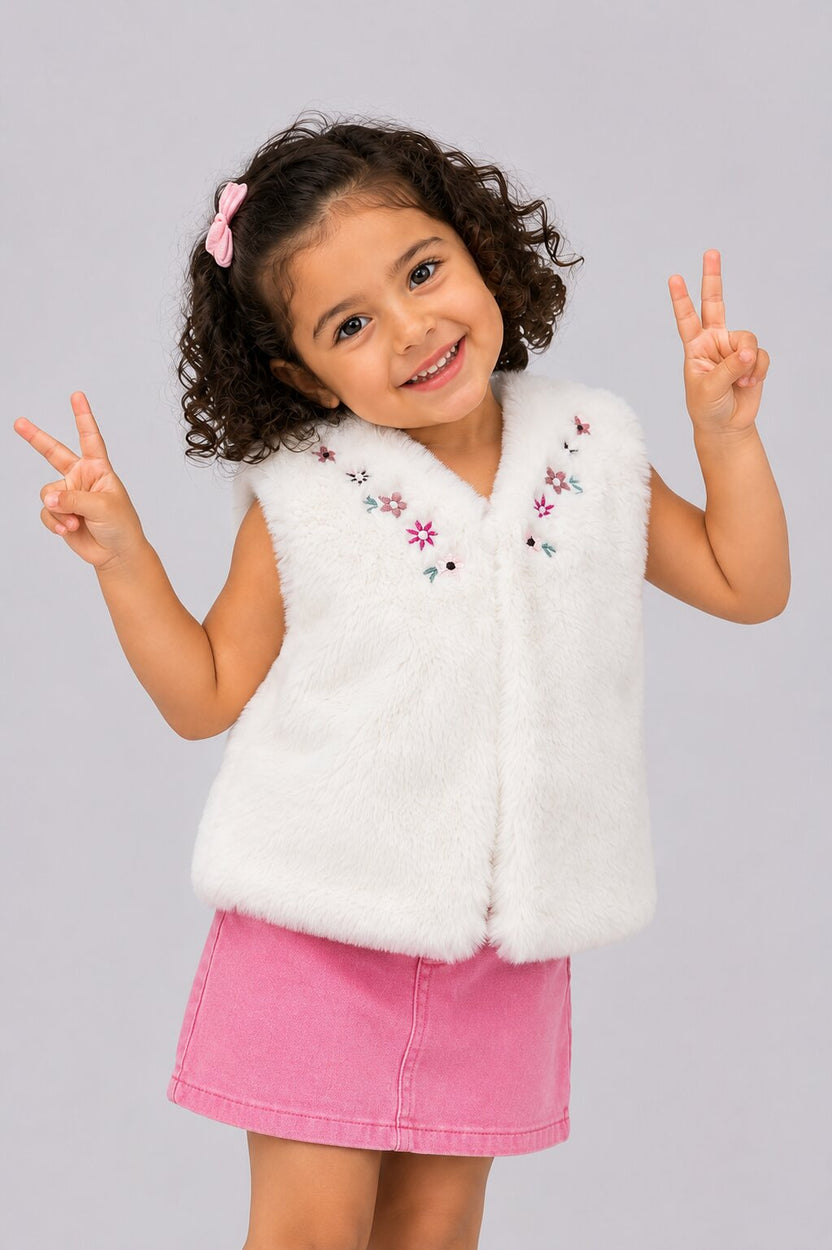 Girls White Embroidered Fur Jacket - Image 1