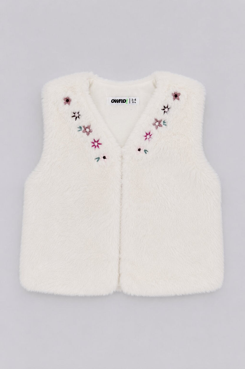 Girls White Embroidered Fur Jacket - Image 2