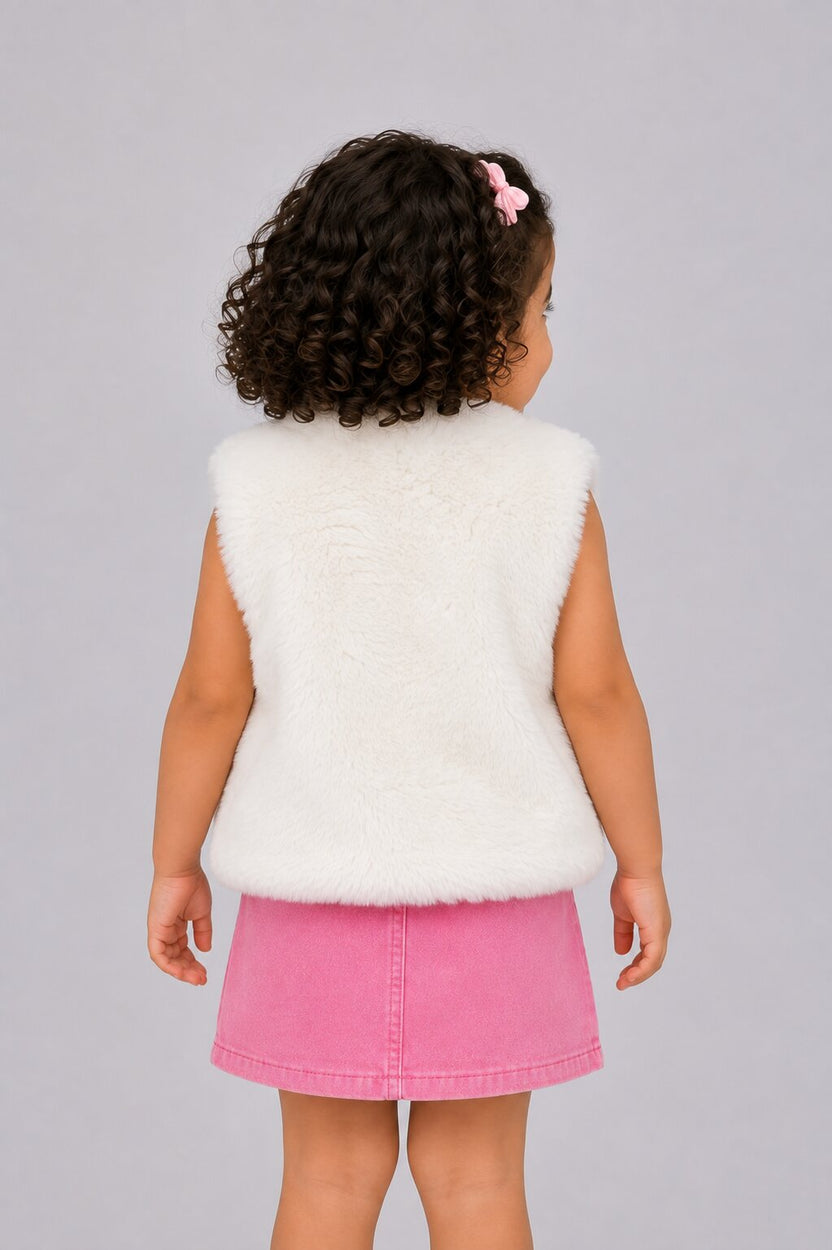 Girls White Embroidered Fur Jacket - Image 4