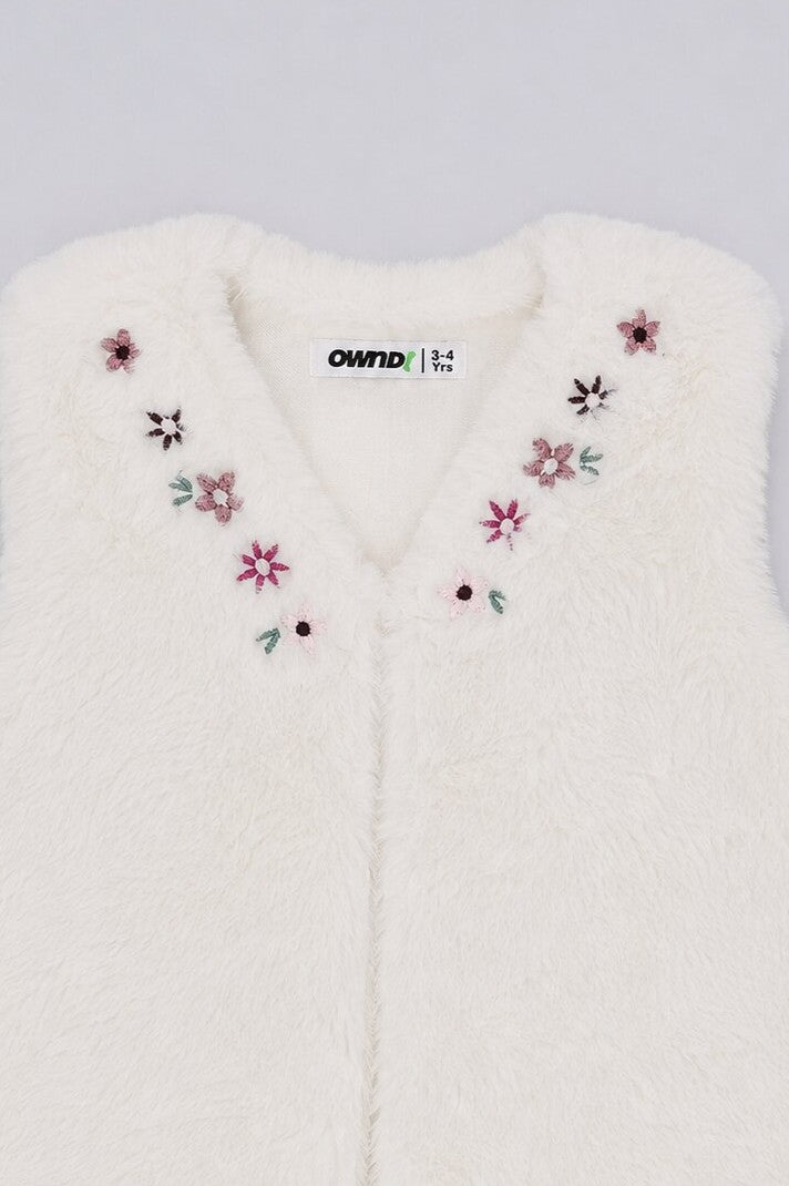 Girls White Embroidered Fur Jacket - Image 5