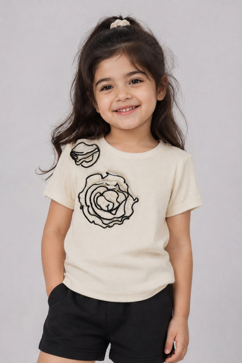 Girls Regular Fit Off White Floral Applique Top - Image 1