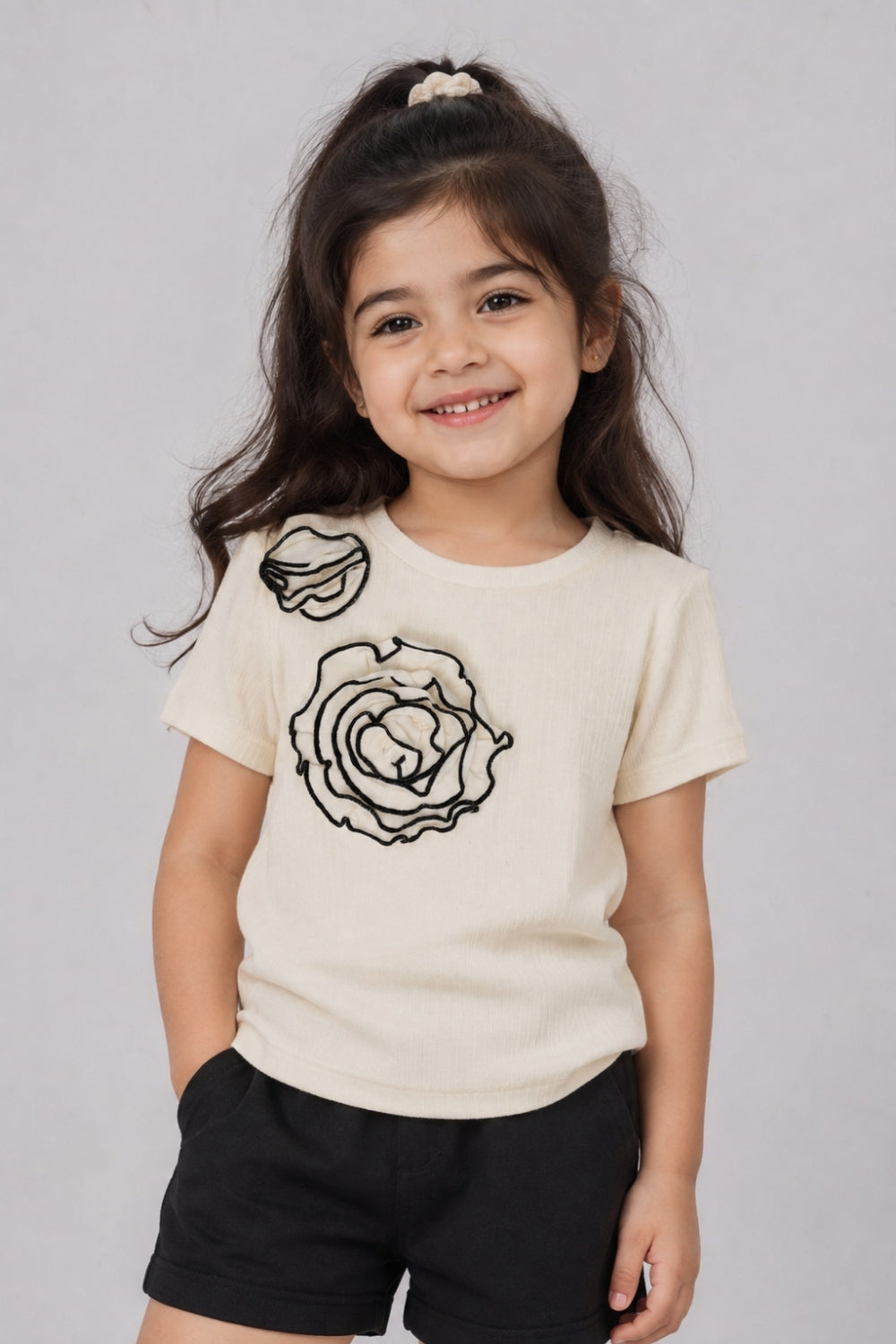 Girls Regular Fit Off White Floral Applique Top - Image 1