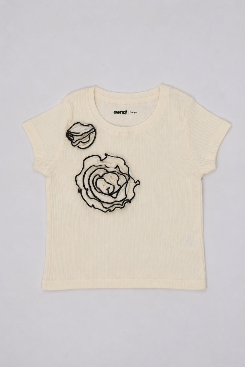 Girls Regular Fit Off White Floral Applique Top - Image 2