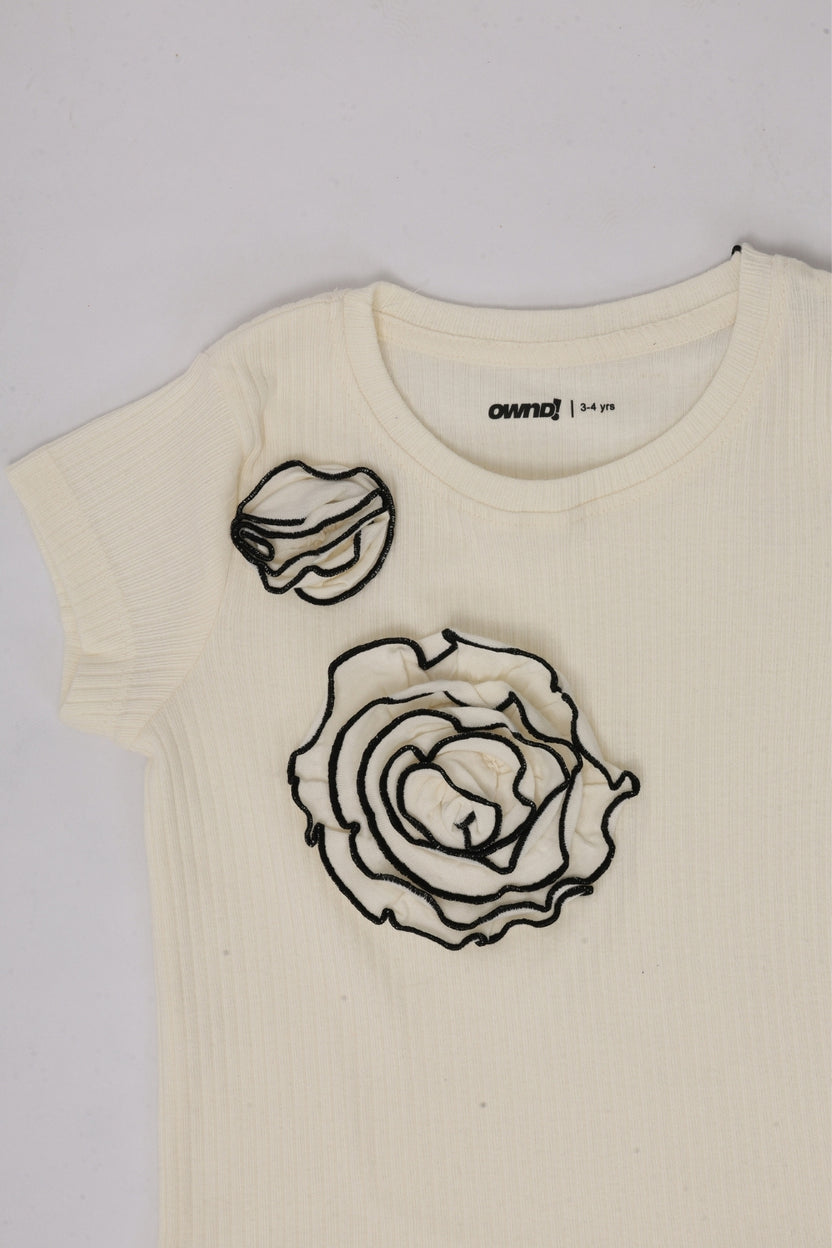 Girls Regular Fit Off White Floral Applique Top - Image 6