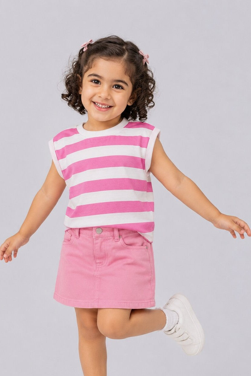 Girls Loose Fit Pink Striped T-Shirt - Image 1