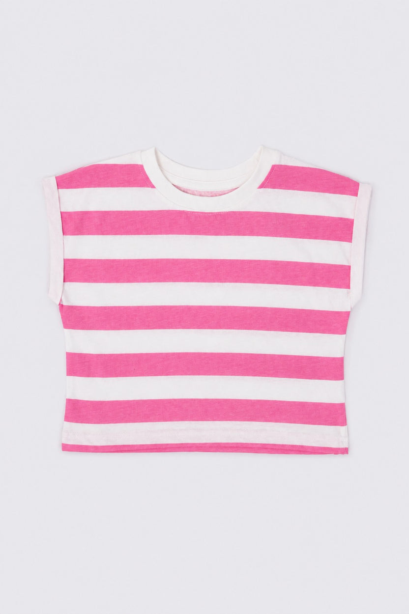 Girls Loose Fit Pink Striped T-Shirt - Image 2