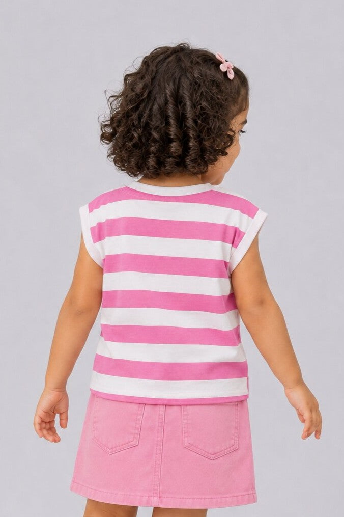 Girls Loose Fit Pink Striped T-Shirt - Image 4