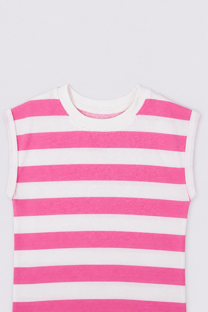 Girls Loose Fit Pink Striped T-Shirt - Image 5