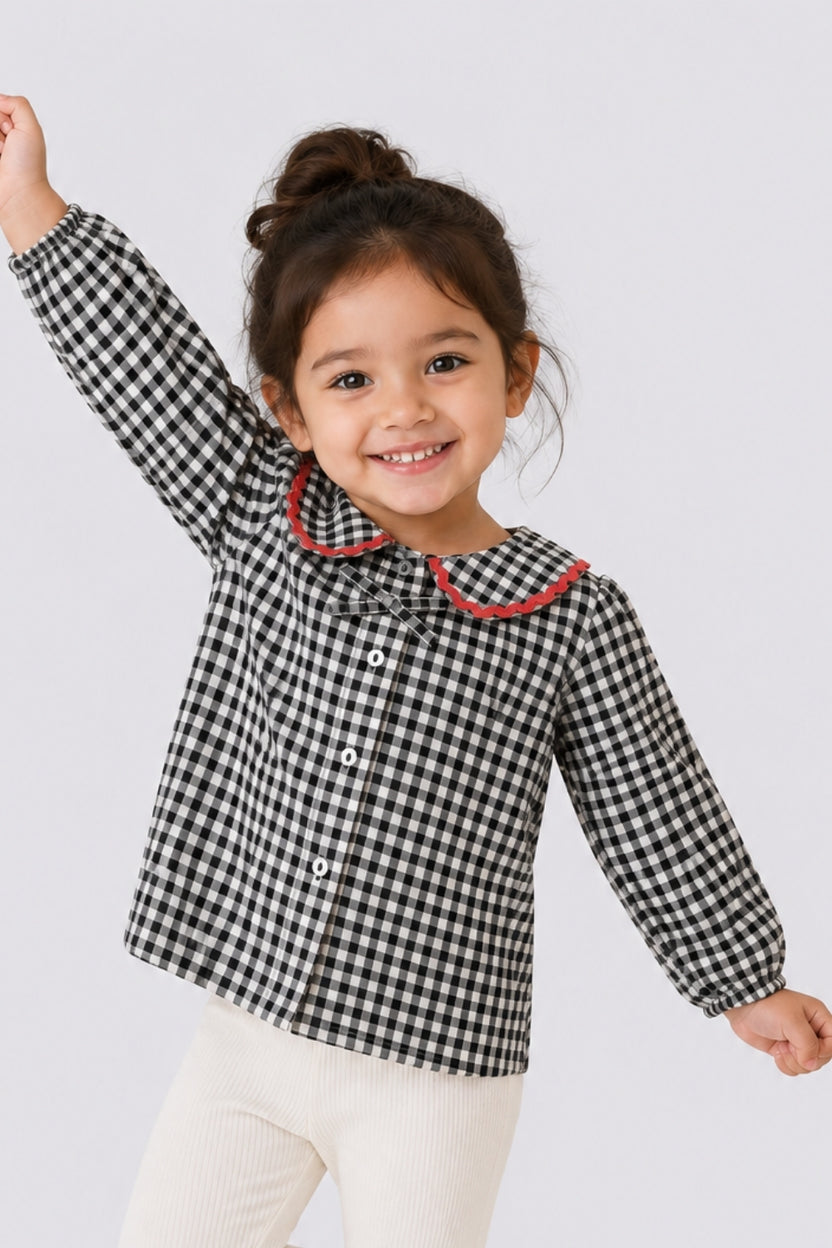 Girls Regular Fit Black Checked Collar Top - Image 1