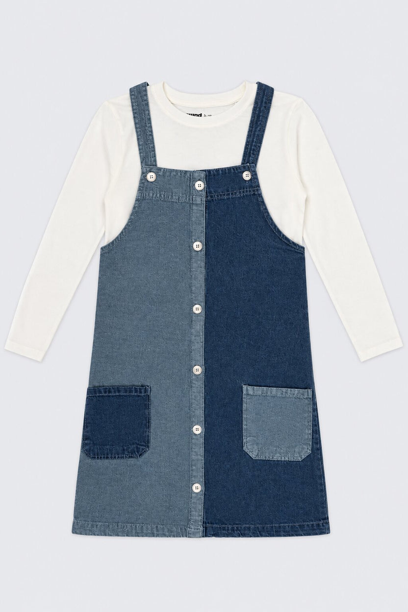 Tweens Girls Blue Colourblocked Dungaree With T-Shirt - Image 6