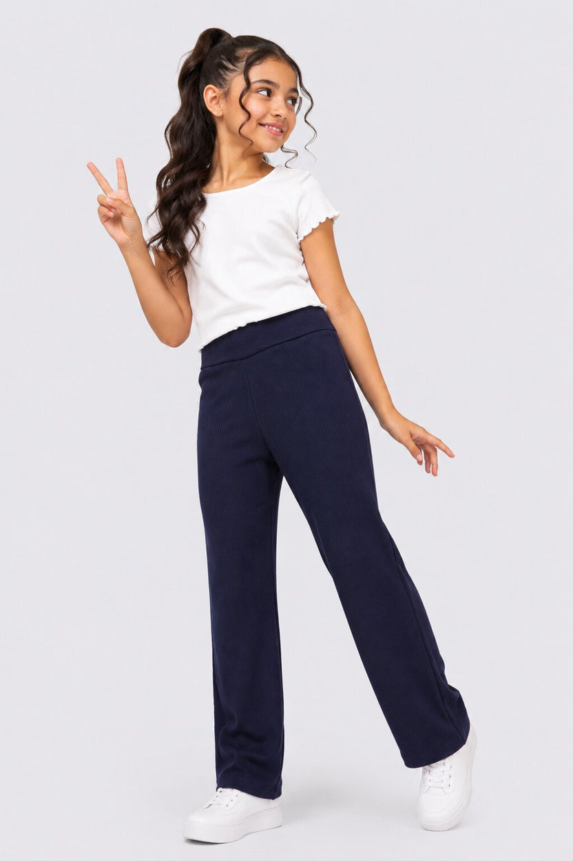 Tweens Girls Flared Navy Textured Track Pant - Image 1