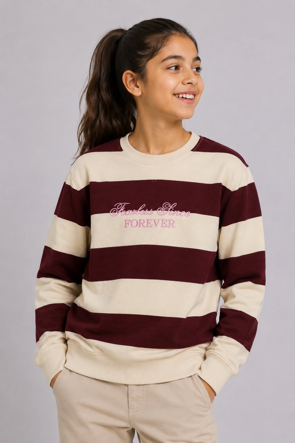 Tweens Girls Beige Striped Sweatshirt - Image 1