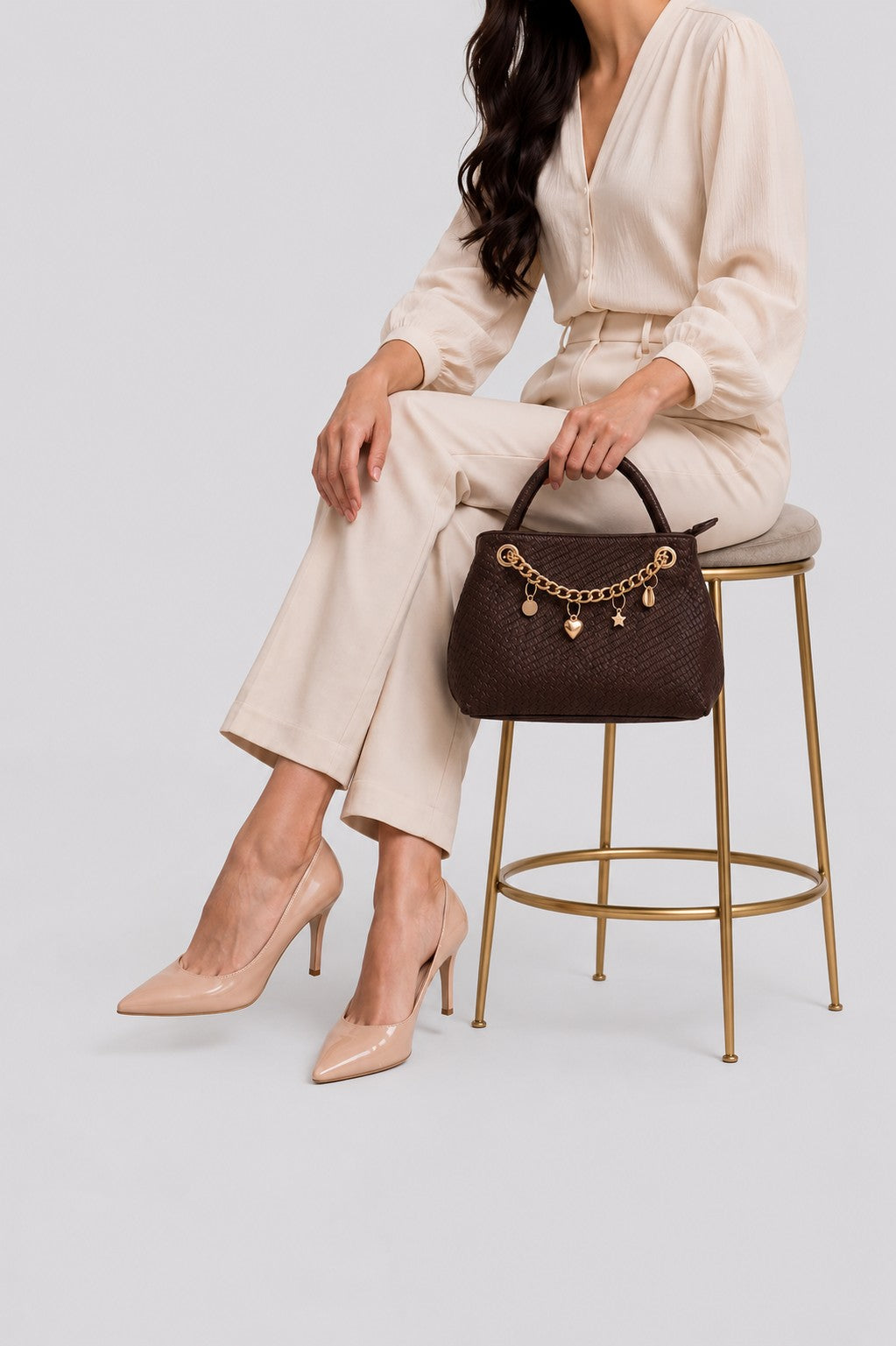 Womens Brown Textured Hand Bag - Image 1