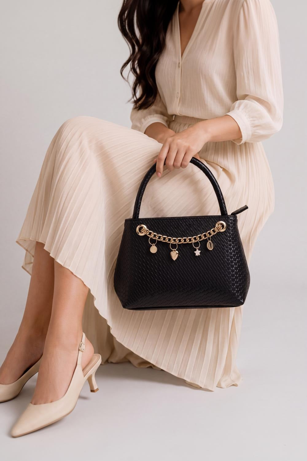 Womens Black Textured Hand Bag - Image 1