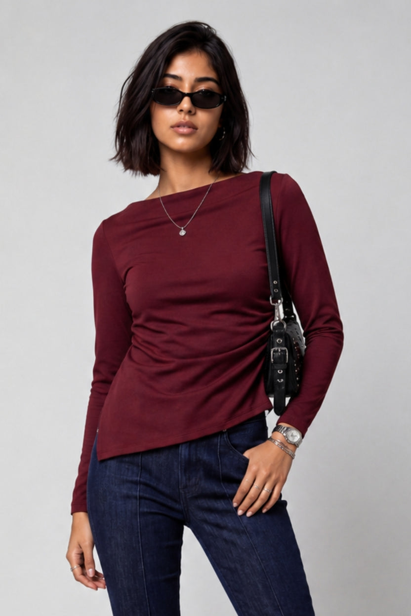 Womens Maroon Side Ruched Top - Image 1