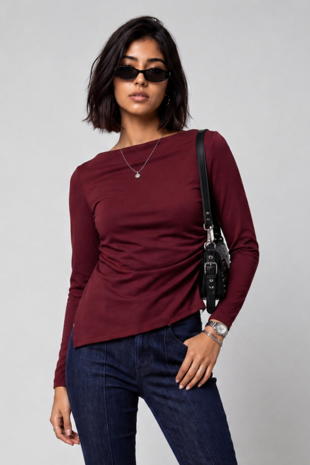 Womens Maroon Side Ruched Top - Image 1