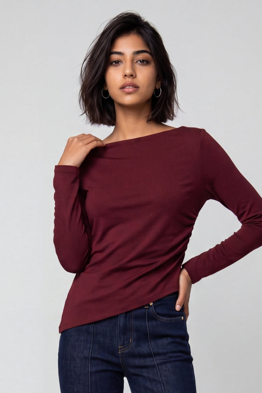 Womens Maroon Side Ruched Top - Image 2