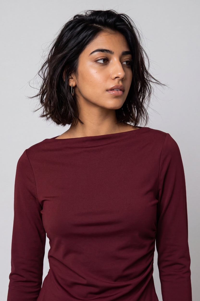 Womens Maroon Side Ruched Top - Image 3