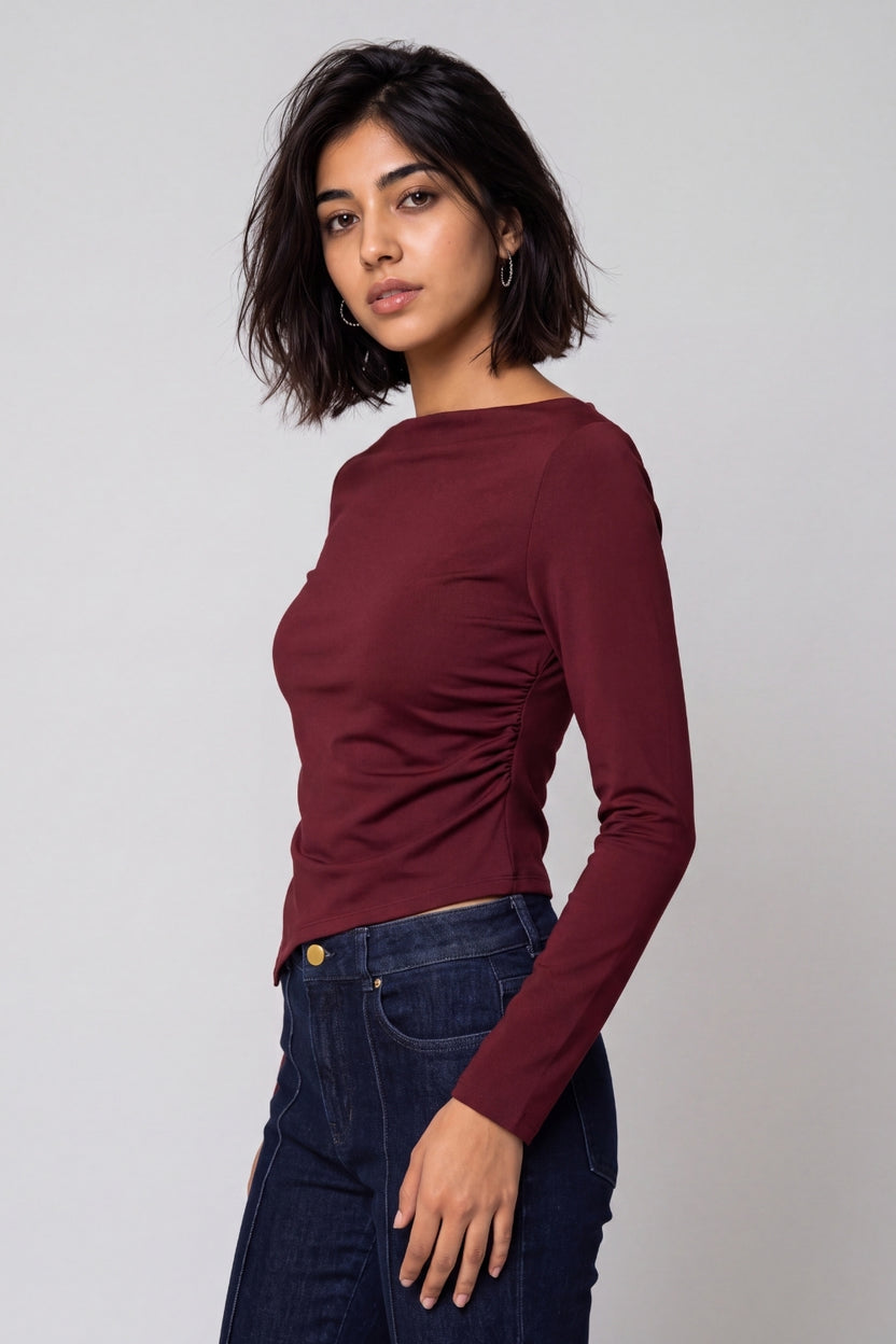 Womens Maroon Side Ruched Top - Image 4
