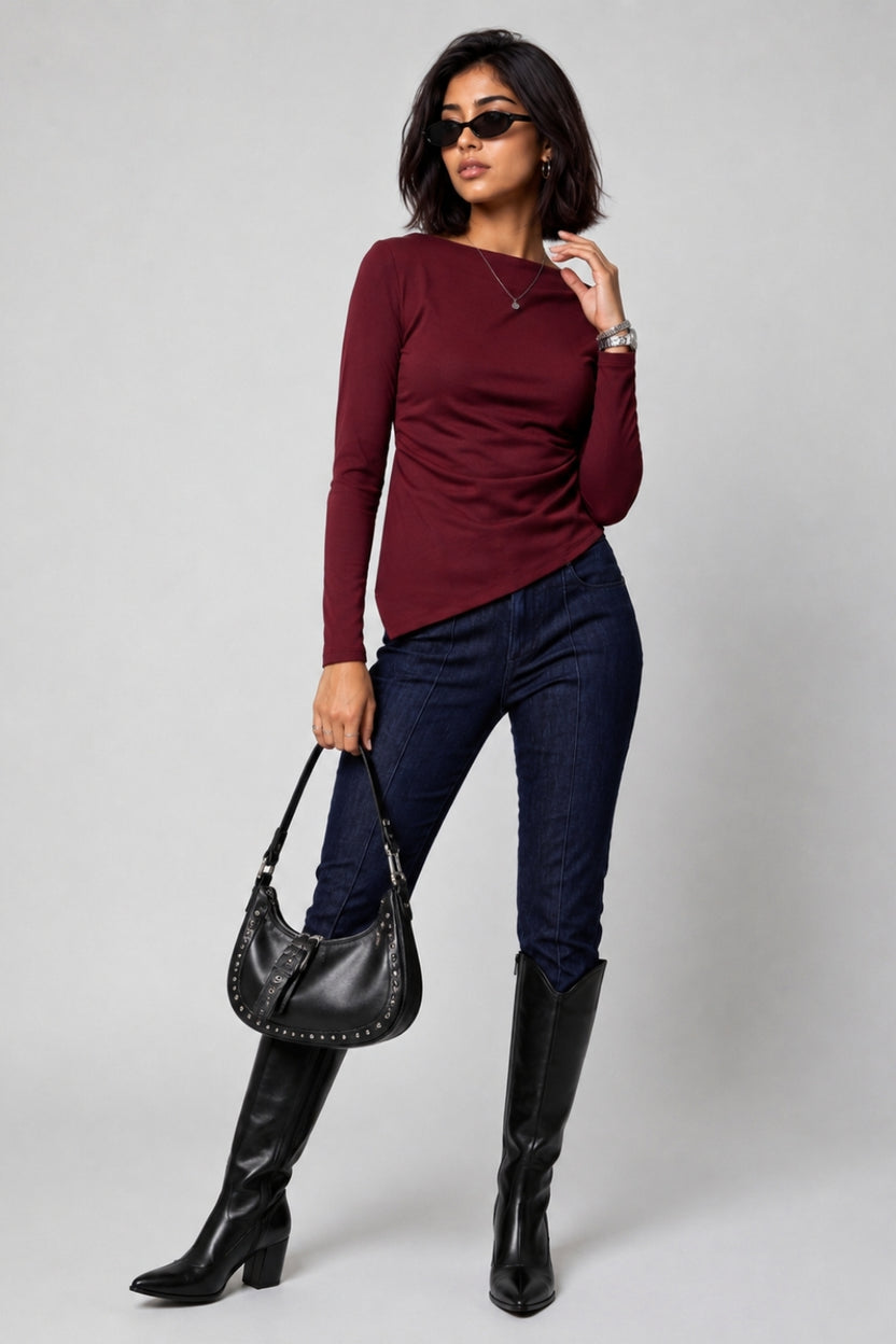 Womens Maroon Side Ruched Top - Image 6