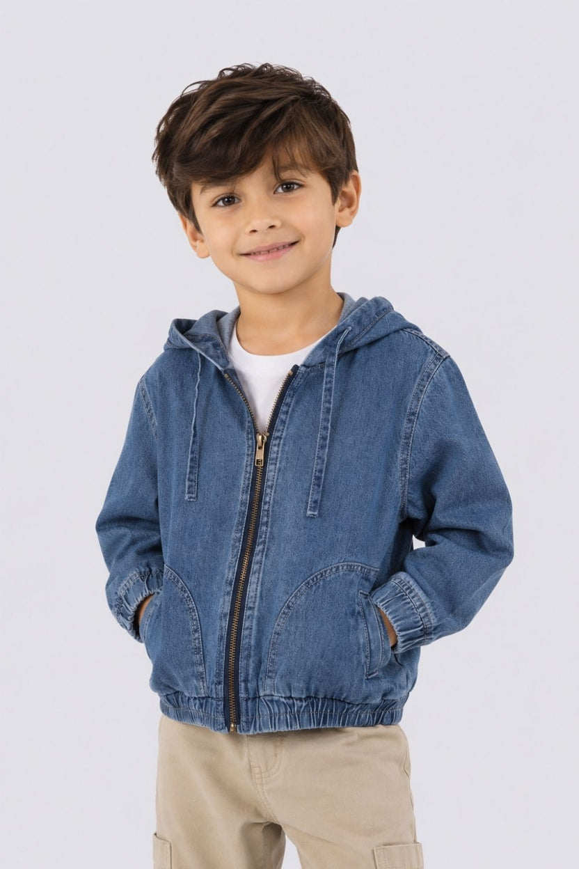 Boys Regular Fit Light Blue Hooded Denim Jacket - Image 1