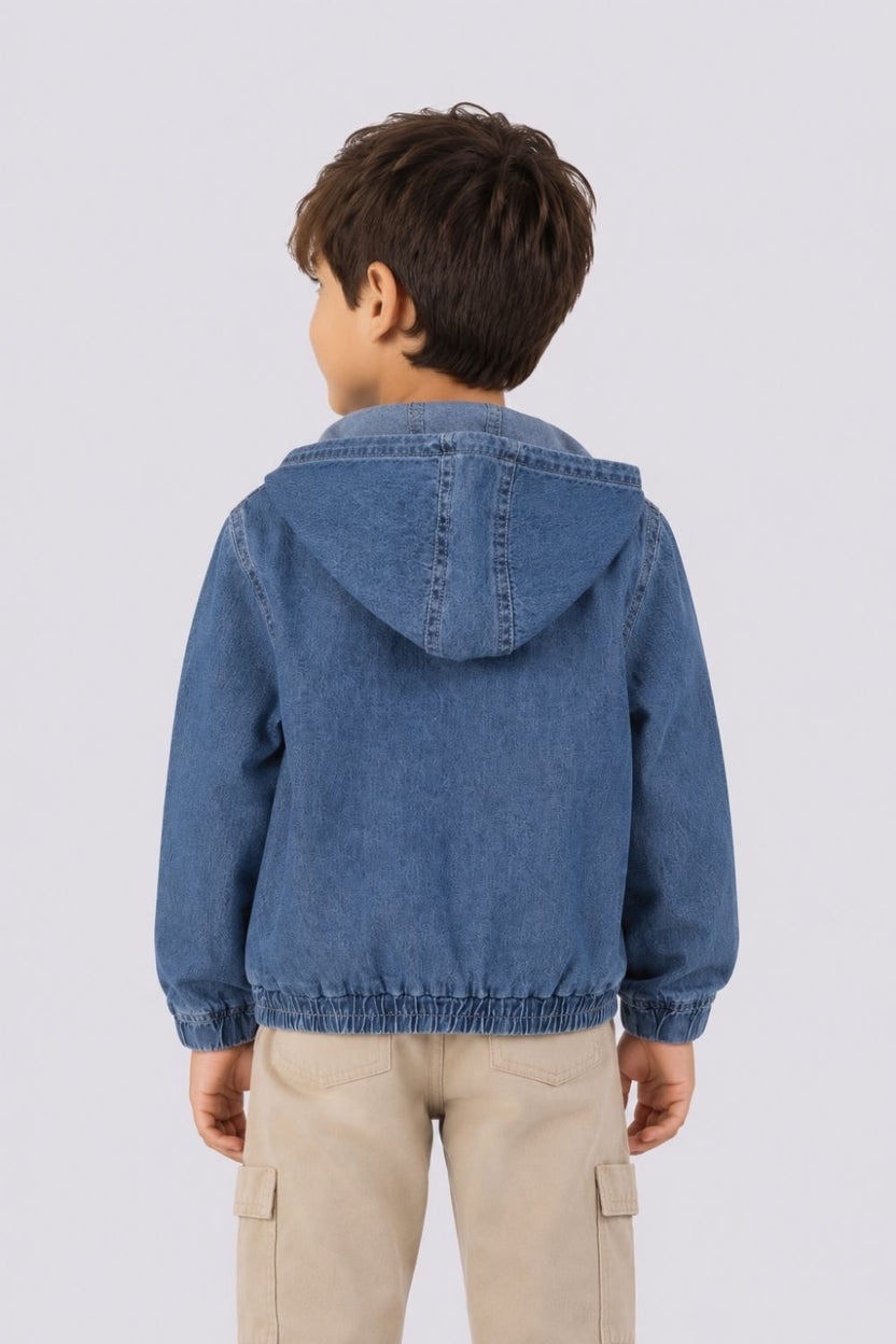 Boys Regular Fit Light Blue Hooded Denim Jacket - Image 4