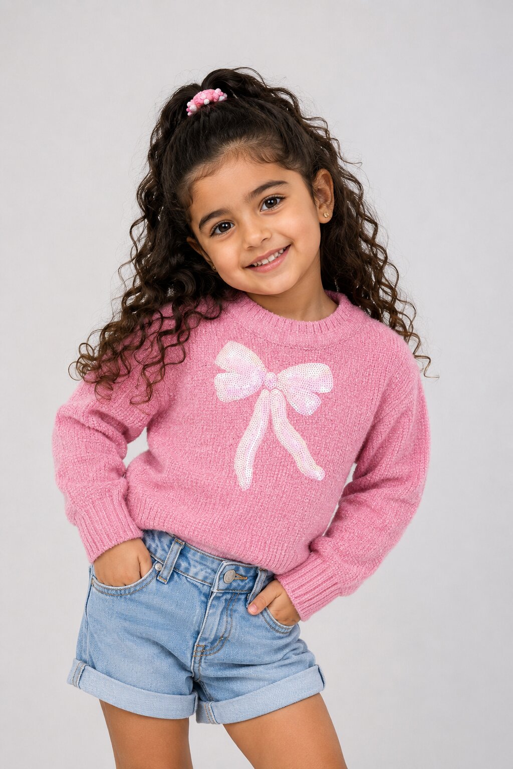 Girls Regular Fit Pink Bow Embellished Sweater - Image 1